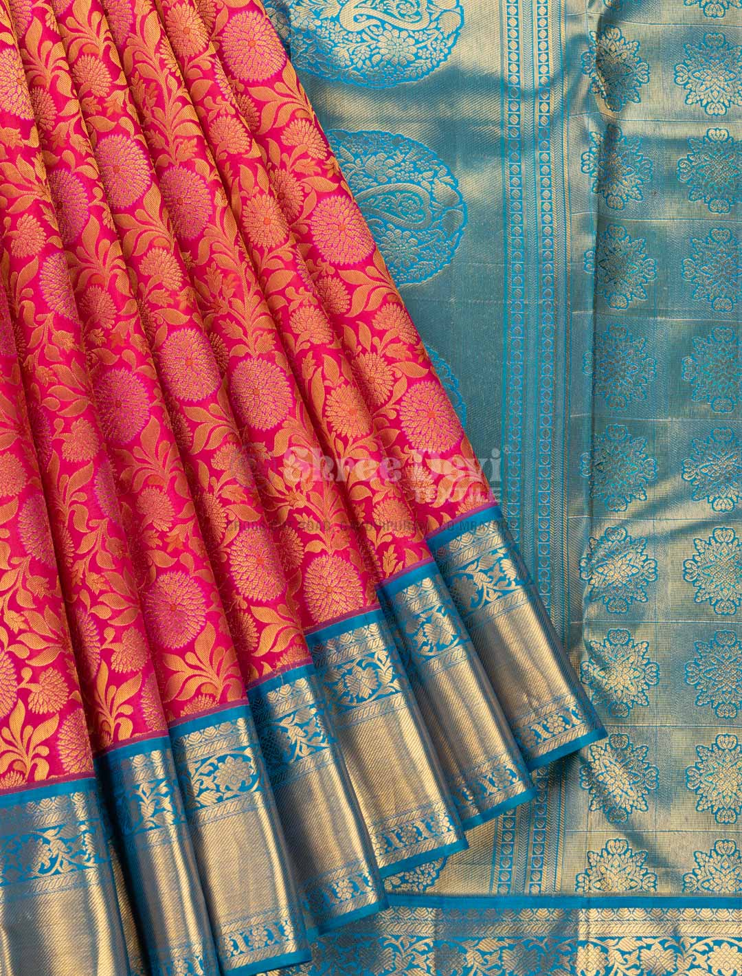 Raspberry Combination Of Dark Coral & Light Taupe Kanchipuram Silk Sarees  With Thread Weaves