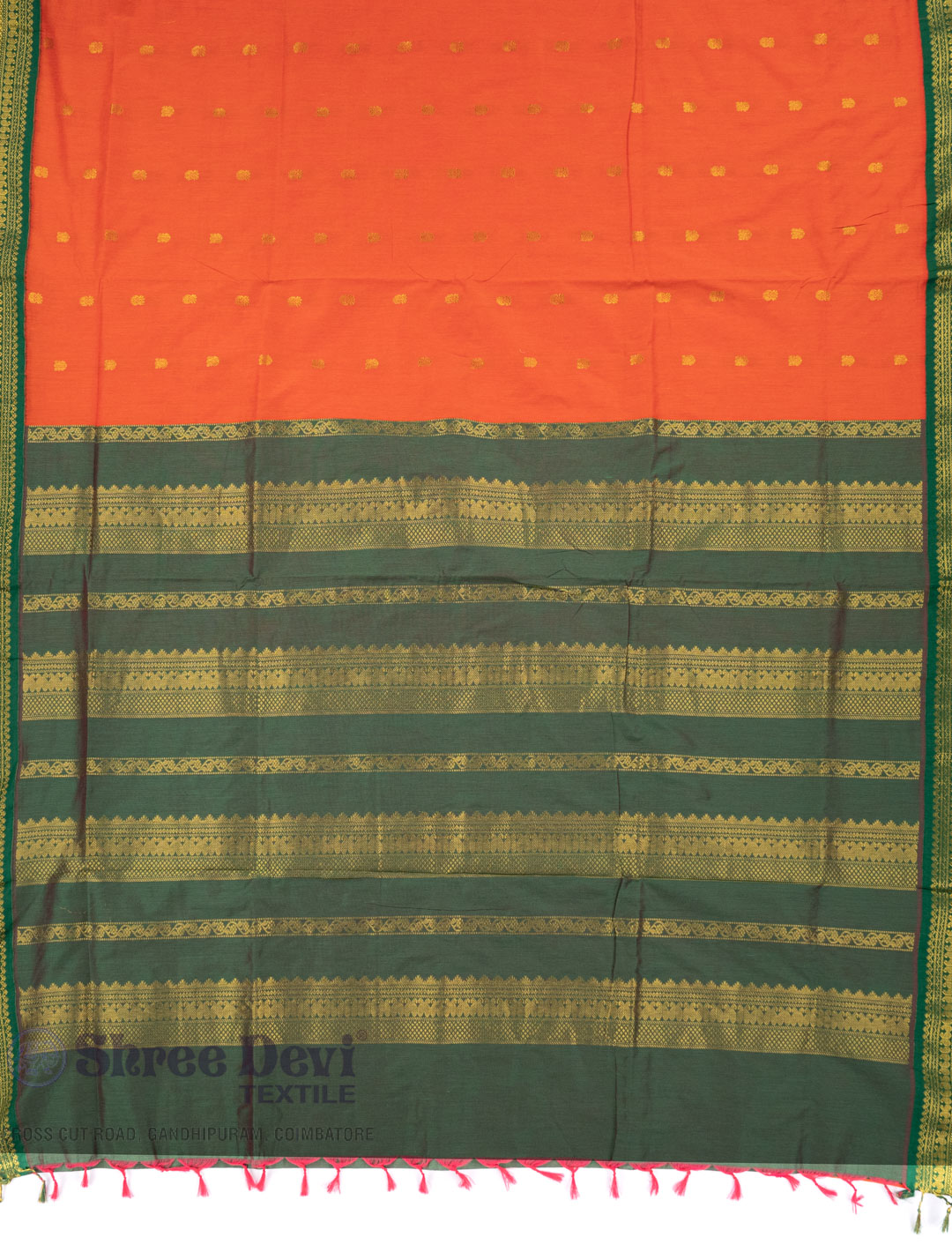 Orangey Red Combination Of Dark Beige & Mineral Green Kalyani Cotton Sarees  With Thread Tassels