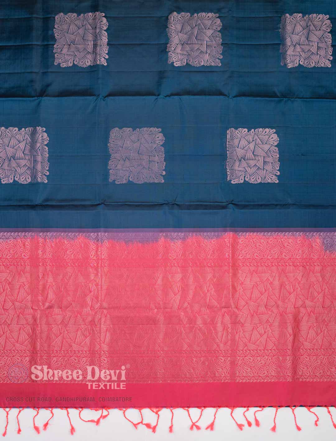 Violet Red Combination Of Orange Salmon & Tory Blue Silk Cotton Saree With  Thread Tassels.