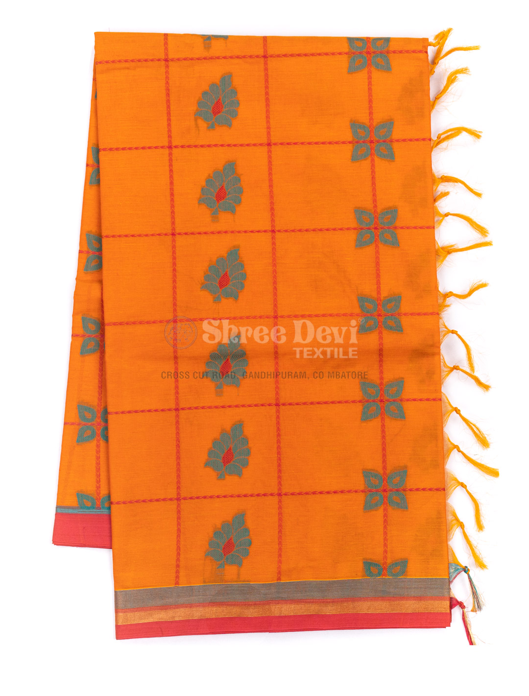 Check out this Orange Coimbatore Cotton Saree with thread butta on body and  Zari border. | Cotton saree, Saree, Cotton